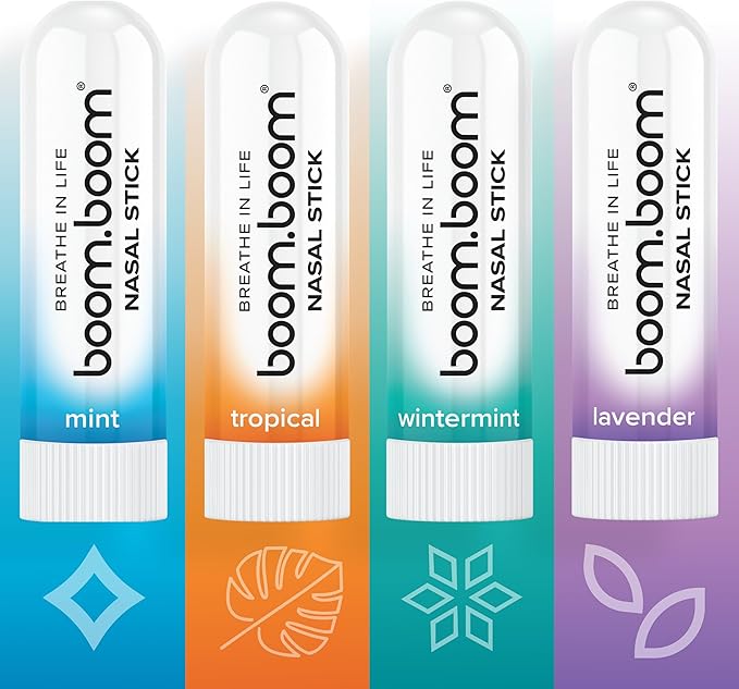BoomBoom Nasal Stick | Vapor Flow Technology | Cool Refreshing Sensation | Natural Mood Boost | Simple Ingredients | Essential Oils + Menthol Inhaler (Mint, Wintermint, Tropical, Lavender)