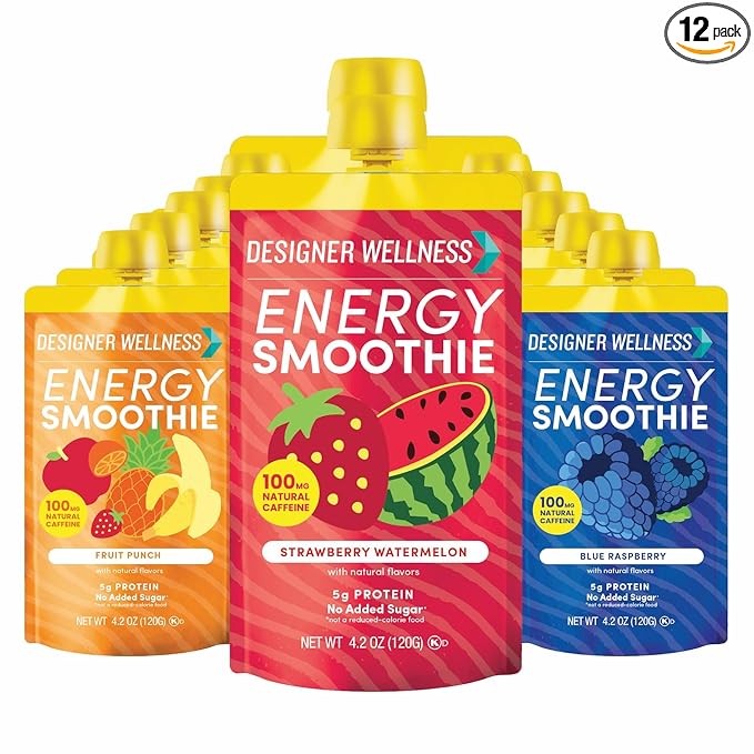 Designer Wellness Energy Smoothie, Real Fruit, 100mg Natural Caffeine, 5g Protein, Low Carb, Zero Added Sugar, Gluten-Free, Variety Pack, 12 Count