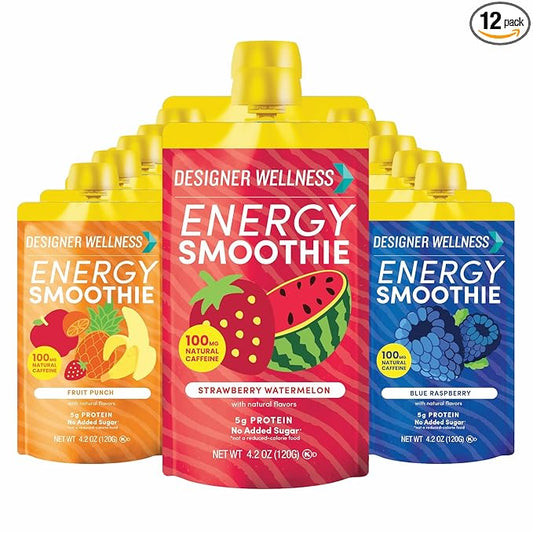 Designer Wellness Energy Smoothie, Real Fruit, 100mg Natural Caffeine, 5g Protein, Low Carb, Zero Added Sugar, Gluten-Free, Variety Pack, 12 Count