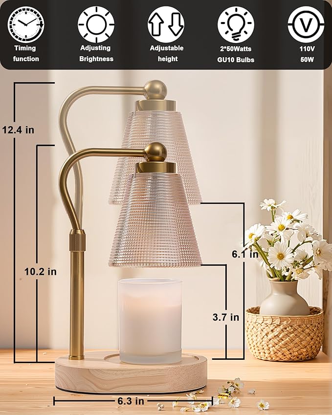Candle Warmer Lamp with Timer, Dimmer, Adjustable Height, 2 Replacement Bulbs, Electric Candle Warmer for Jar Candles, Decorative Candle Lamps (Gold)