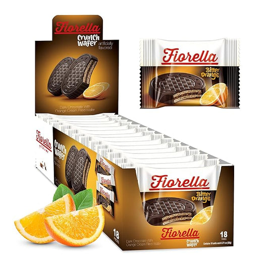 Fiorella Crunch Wafer Cookies, Dark Chocolate Covered Crispy Thin Crunch Wafers with Orange Cream Filling, Chocolate Biscuits, 18 Individually Wrapped Snacks, Pack of 1