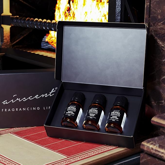 AirScent Holiday Scents Christmas Diffuser Oil 3 Pack Gift Set - 10 mL, 0.34 fl oz Fragrance Oil Set - Bourbon Pumpkin Spice, Christmas Wreath and Fireside Spiced Cider Scents