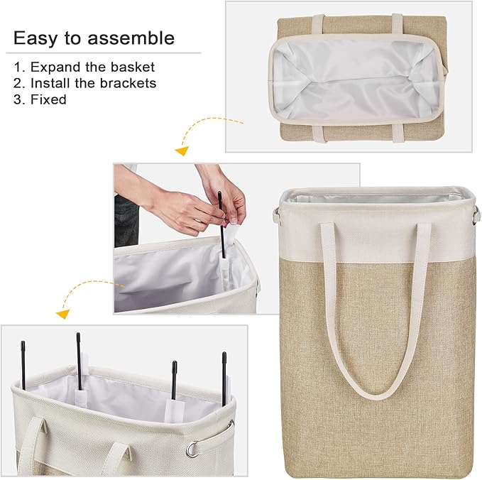 Laundry Hampers Tall Slim Laundry Baskets Thin Foldable Clothes Narrow Hamper for Laundry Storage Organizer Collapsible Hamper with White and Brown Imitated Burlap Patchwork,QY-SC24-2