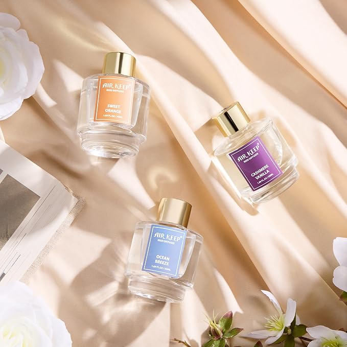 Airkeep Reed Diffuser Set of 3, Ocean Breeze Sweet Orange Cashmere Vanilla Oil Reed Diffusers for Bedroom Living Room Office Aromatherapy Oil Reed Diffuser for Gift 50ml x 3