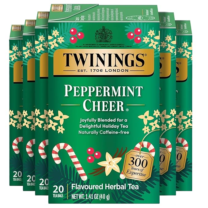 Twinings Peppermint Cheer Herbal Tea Individually Wrapped Bags, 20 Count (Pack of 6), Naturally Caffeine-Free, Peppermint & Vanilla, Enjoy Hot or Iced