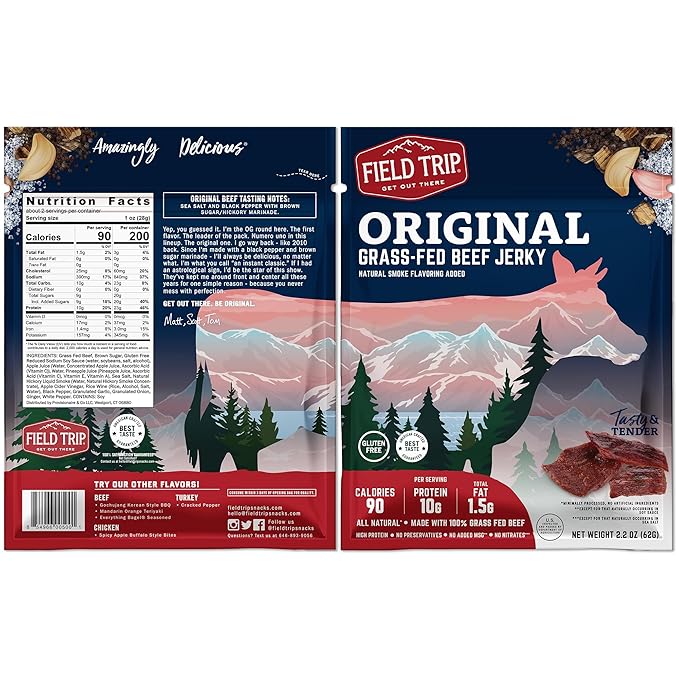 Field Trip Grass Fed Beef Jerky, Healthy Gluten Free Snacks, All Natural, High Protein Snack with No Nitrates, 2.2 Ounce Bag, 4 Pack, Original