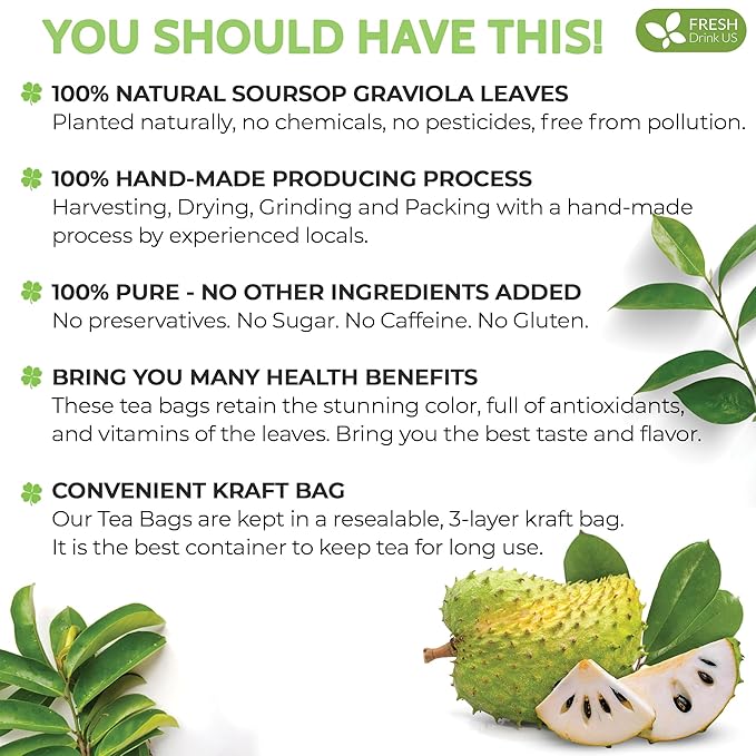 FreshDrinkUS, 15 Premium Soursop Graviola Leaf Tea Bags, 100% Natural and Pure from Soursop Leaves, Handmade, Made With Natural Materials-Corn Fiber Tea Bag, Sugar/ Caffeine/ Gluten Free, Hoja Guanabana Tea