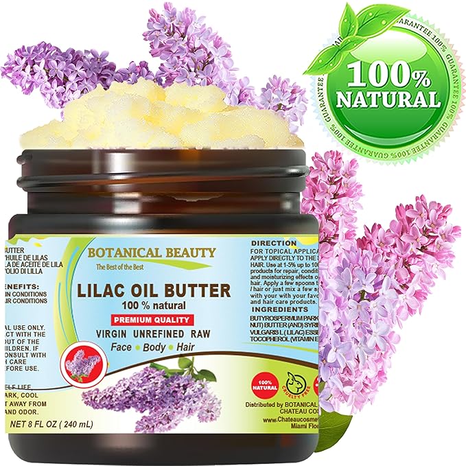 Botanical Beauty LILAC OIL BUTTER 100% Natural Lilac Essential Oil in Shea Nut Butter for FACE, SKIN, BODY, HAIR, NAILS. Beauty Skin Moisturizer Oil Butter (8 Fl Oz)
