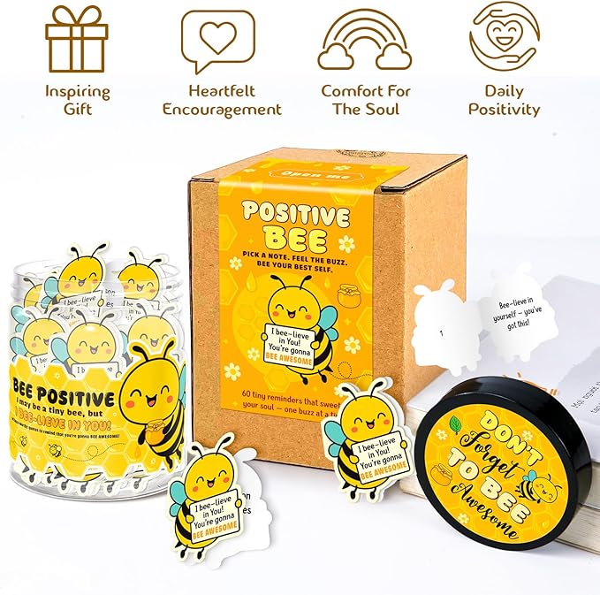 Emotional Support Bee – Bee Gifts For Bee Lovers, Women, Friend - 60 Positive Bee Daily Affirmation Cards Jar – Inspirational Gifts for Women - Self Care Gift for Coworkers, Teens, Friends, Boss