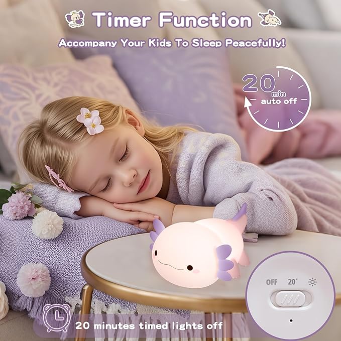 Axolotl Night Light for Kids,Cute Purple Axolotl Lamp ,LED Squishy Nursery Nightlight, Food Grade Soft Silicone Novelty Animal Bedside Lamp,Adorable Room Decor , Axolotl Gitfs for Mother Girls Baby