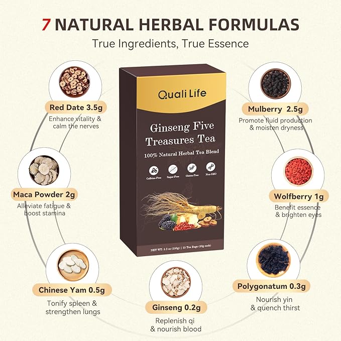 Ginseng Five Treasures Kidney Tea, Traditional Chinese Herbal TeaBags, Natural Kidney Cleanse Detox Tea for Women & Men, 7 Precious Ingredients Formula Chinese Herbal Tea (1 Pack, Ginseng)