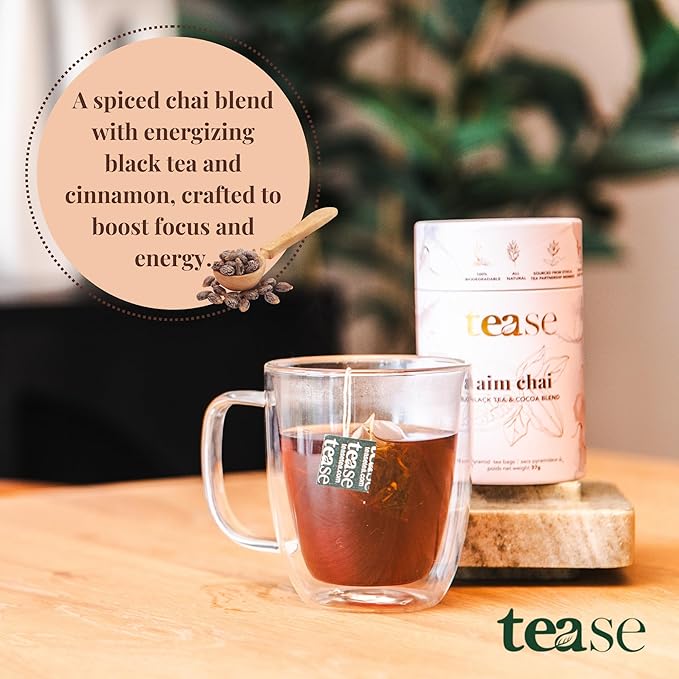 Tease Tea Loose Chai Tea - Aim Chai Organic Tea, Organic Spiced Chai, Caffeinated Herbal Tea Made with Black Tea, Ginger, Cocoa Beans and Nutmeg for an Energizing and Immunity Boosting Support