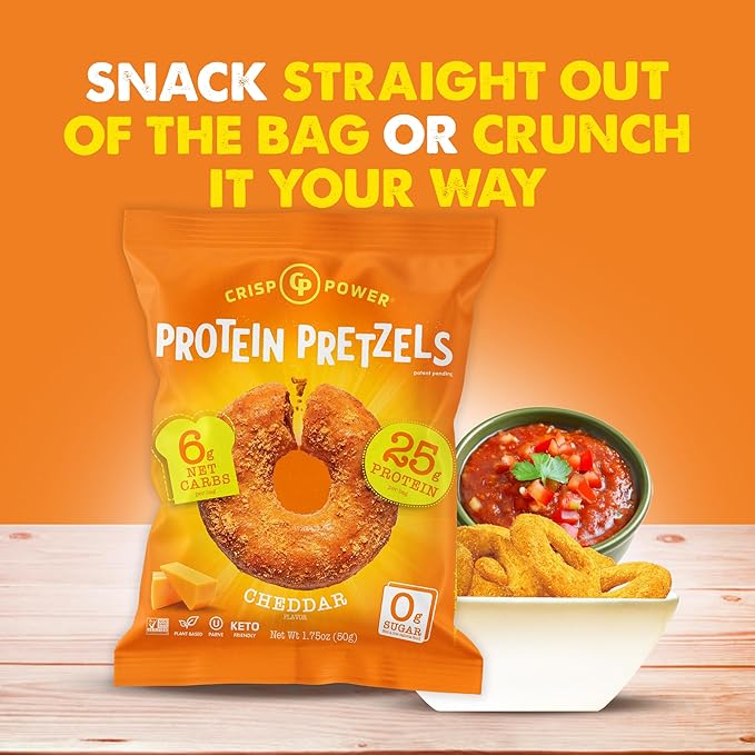 Crisp Power High Protein Pretzel Crisps - 6 Pack x 1.75 oz Crunchy & Flavorful Plant-Based Snack. No Sugar, 28g Protein Per Pack in 3 Savory Flavors, Vegan, Keto Friendly, Non-GMO, Kosher Non-Dairy (1.75 Ounce (Pack of 24), Cheddar)