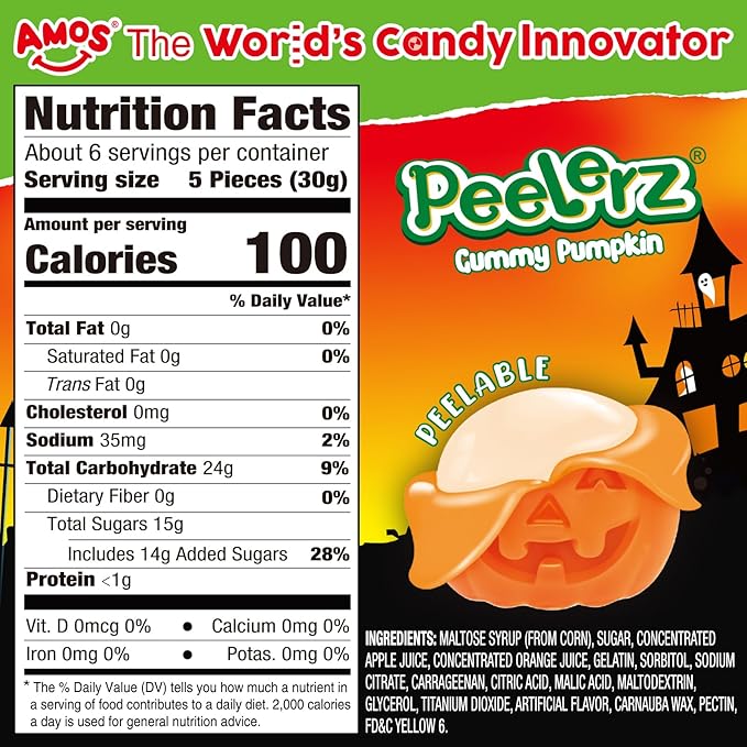 AMOS Peelerz Halloween Gummy Pumpkins, Peelable Orange Flavor Candy, Made with Real Fruit Juice, 6oz Resealable Bag