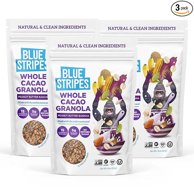 Blue Stripes Whole Cacao Granola - Gluten Free Dark Chocolate Granola for Cereal, Oatmeal, Yogurt, 5g Protein Per Serving, Source of Fiber, Vegan, Low Sugar - Peanut Butter Banana, 8 oz (3 Pack)