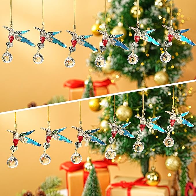H&D HYALINE & DORA 6 Pcs Hummingbird Hanging Christmas Ornaments Crystal Hummingbird Suncatchers Shiny Rhinestones Bird Hanging Ornaments for Christmas Trees Decorations Party Favor