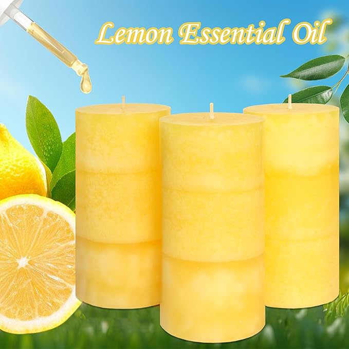 3 x 6 Inches Pillar Candles Lemongrass Scented Yellow Decorative Rustic Candles Citrus Scent Clean Burning Hand-Poured Large Candles for Home Aesthetic Relax Spa Bathroom Wedding Decor