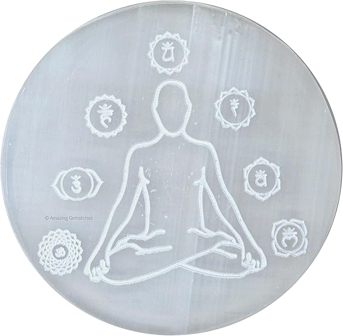 Amazing Gemstone Selenite Crystal Charging Plate For Crystals And Healing Stones, 3" Selenite Crystal Plate Engraved Buddha Coaster For Home, Office Table Decor (Selenite Round Disc)