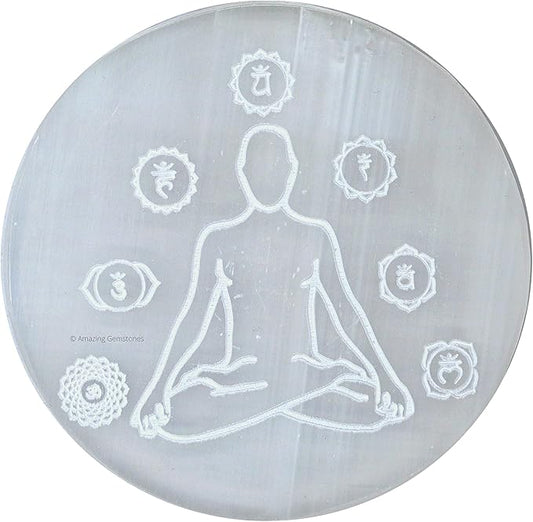 Amazing Gemstone Selenite Crystal Charging Plate For Crystals And Healing Stones, 3" Selenite Crystal Plate Engraved Buddha Coaster For Home, Office Table Decor (Selenite Round Disc)
