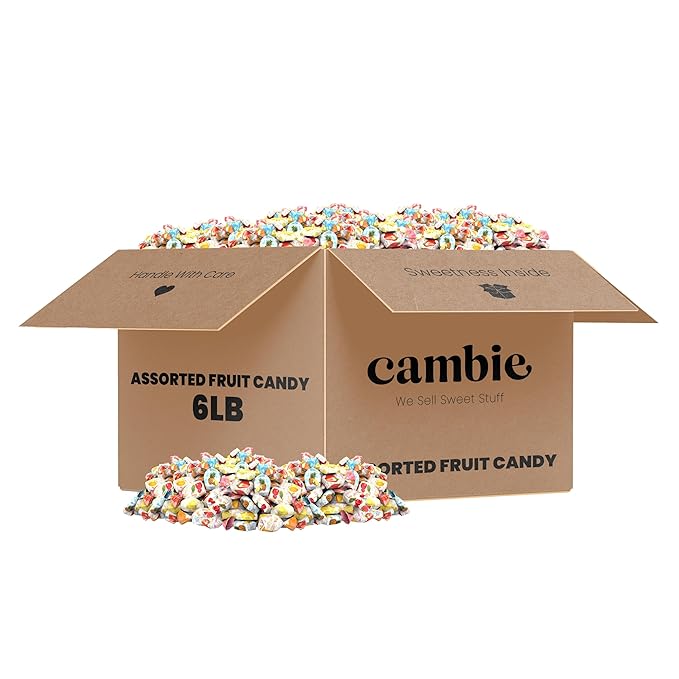 Assorted Fruit Hard Candy Individually Wrapped by Cambie, 6 lbs of Halloween Candy Bulk with a Deliciously Sweet Hard Exterior with a Soft, Decadent Filled Center