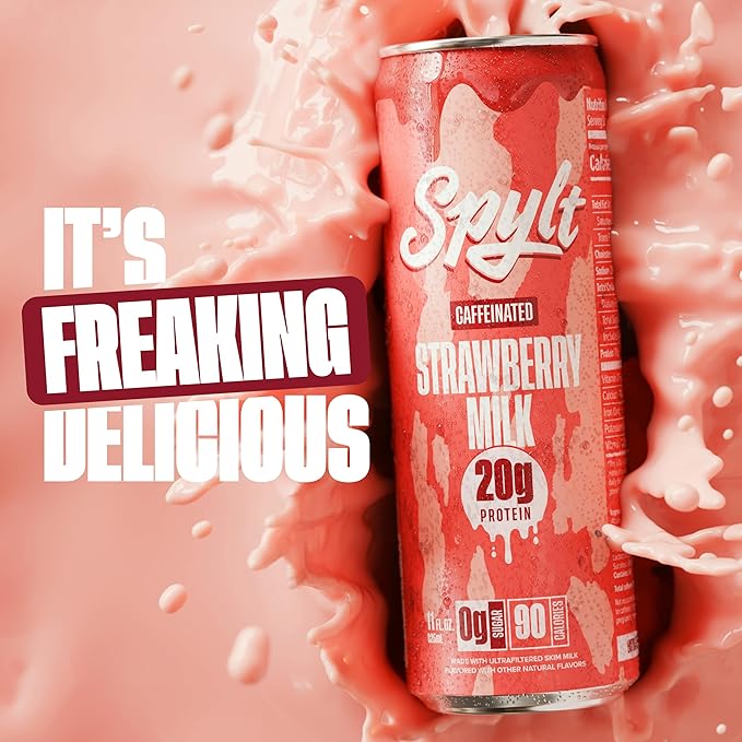 Spylt High Protein Strawberry Milk with 60mg Caffeine & 20g Protein - 90 Calories, Ready to Drink, Sugar Free, Lactose Free Milk, Perfect for Workout Recovery & Afternoon Pick Me Up - 12 Count