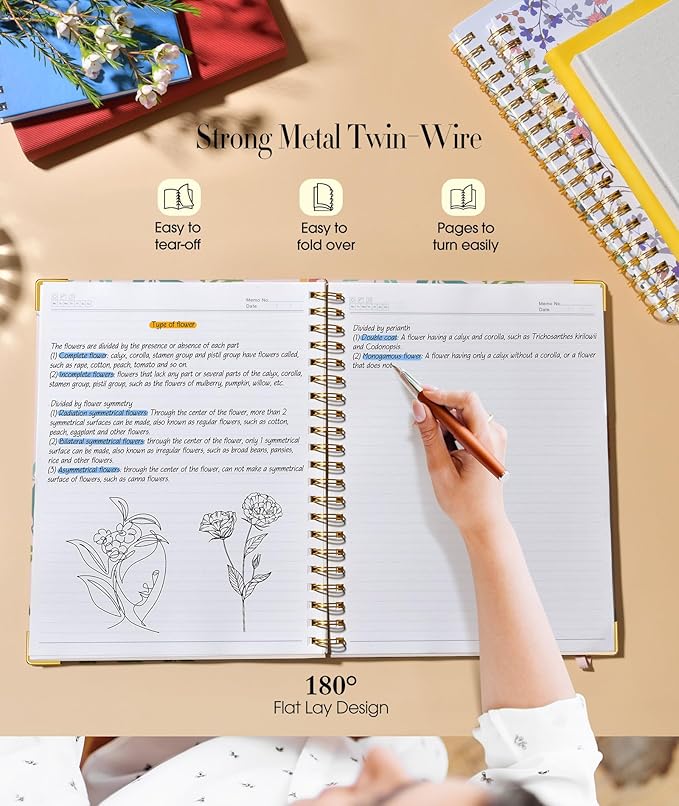 Cute Spiral Notebook Journal for Women, 160 Pages Lined Notebooks 5.75” x 8.38”, A5 Hardcover Spiral Journals with 100 GSM Thick Paper, College Ruled Notebook for Writing Work School, Orange Floral