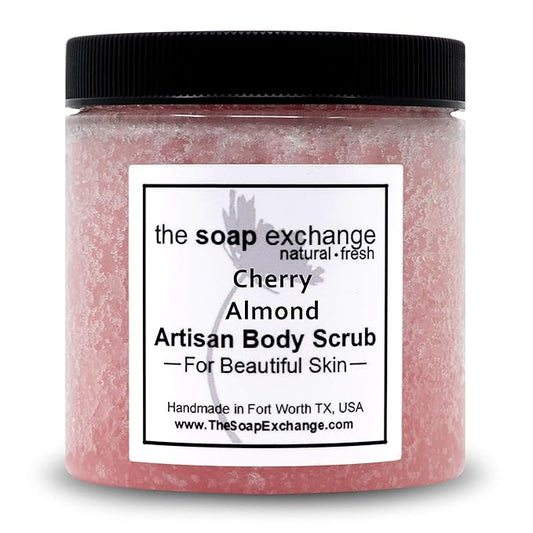 The Soap Exchange Sugar Body Scrub - Cherry Almond Scent - Hand Crafted 16 fl oz / 480 ml Natural Artisan Skin Care, Shea Butter, Exfoliate, Moisturize, & Protect. Made in the USA.