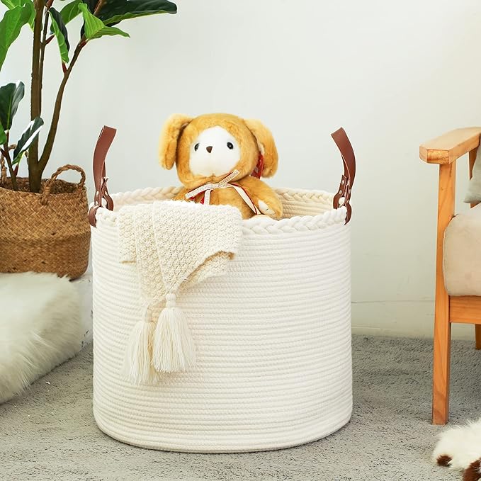KAKAMAY Large Blanket Basket (18"x16"),Woven Baby Laundry Hamper,Cotton Rope Blanket Basket for Nursery, Laundry, Living Room, Pillows, Baby Toy chest with Leather Handles (White)