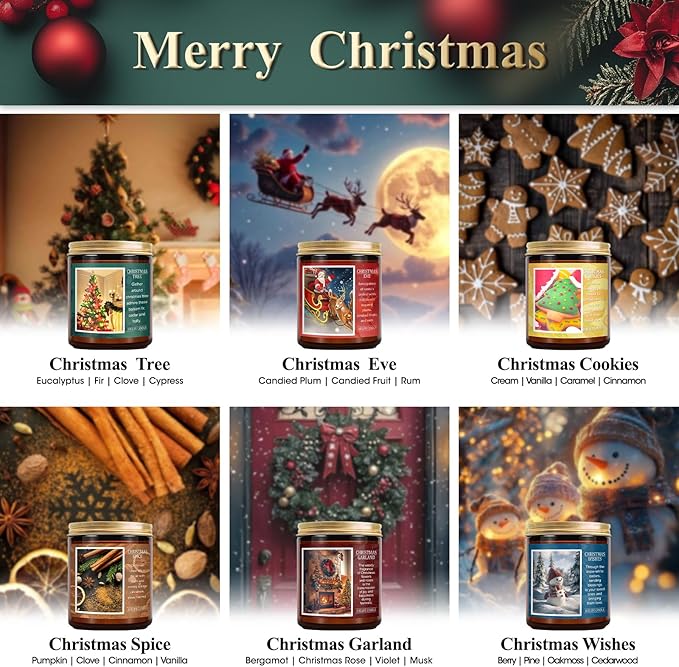 Christmas Candle Gift Set, 6 Pack Holiday Scented Soy Candles for Home, Winter Aromatherapy Candle, Xmas Gift for Women Men, Long Lasting Christmas Tree, Cookie, Spice, Garland, Eve & Wishes Fragrance