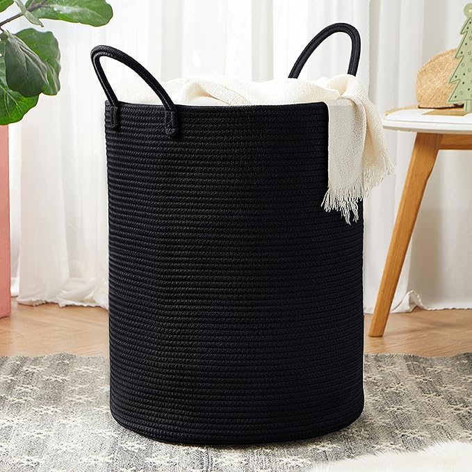 62L Black Woven Rope Hamper Laundry Basket for Clothes Tall Modern Blanket Storage Basket in Living Room Bedroom