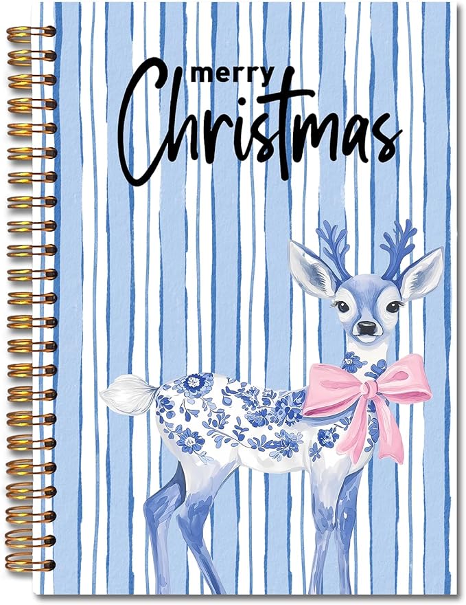 Exqcom Blue Chinoiserie Christmas Deer Spiral Notebook Gifts, Coquette Pink Bow Merry Xmas Journal for Women, Grandmillennial Christmas Hardcover Notebook Journal Office School Supplies, 5.5x8.3 Inch
