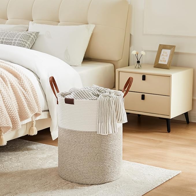 Cotton Rope Laundry Hamper by YOUDENOVA, 72L - Woven Collapsible Laundry Basket - Clothes Storage Basket for Blankets, Laundry Room Organizing, Bedroom Storage, Clothes Hamper – White & Brown