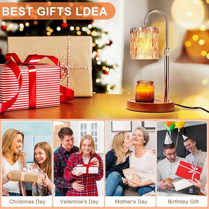 Candle Warmer Lamp with Timer, Dimmable Candle Warmer Lamp, Adjustable Height Candle Lamp, Electric Candle Lamp Warmer with 2 Bulbs, Candle Warmer Lamp for Home Bedroom Decor (Wooden Base)