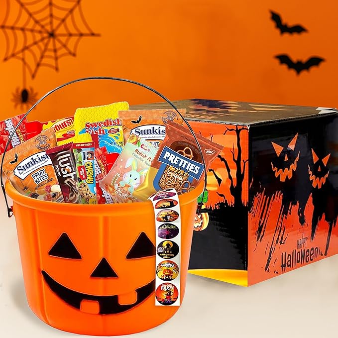 Halloween Assorted Pumpkin Bucket (44 Count) Filled with Candies, Snacks, Cookies and more, Treats for Family, Friends, Kids, Boys and Girls