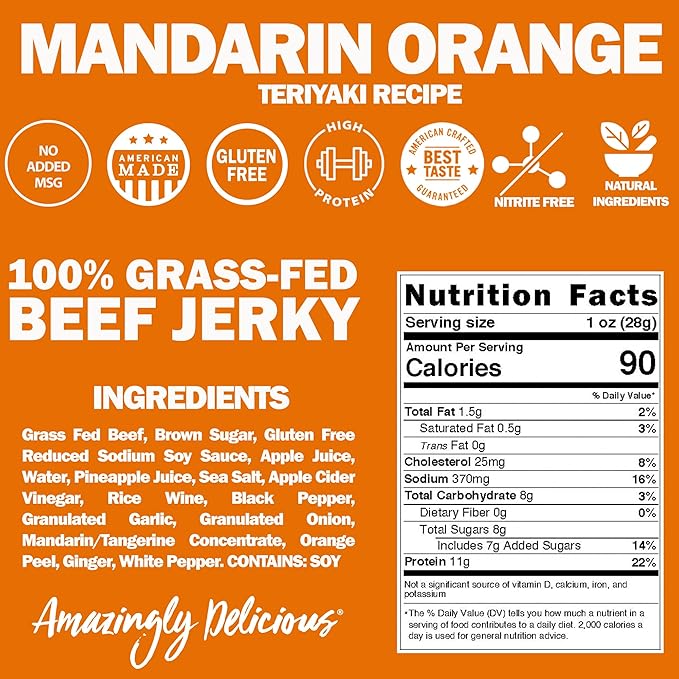 Field Trip Grass Fed Beef Jerky, Healthy Gluten Free Snacks, All Natural, Paleo-Friendly Beef Jerky, High Protein, Low Carb Snack with No Nitrates, 2.2oz Bag, 4 Pack, Mandarin Orange Teriyaki