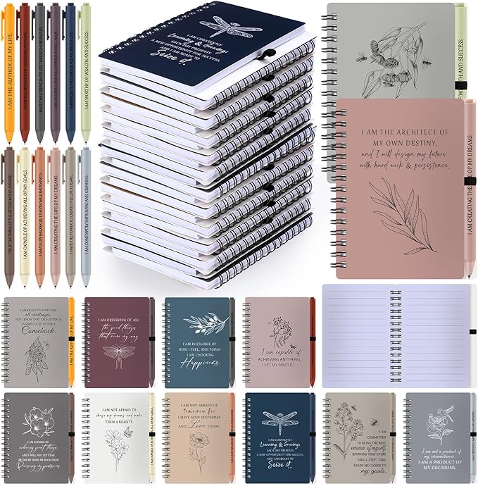 Kosiz 24 Pcs/12 Set Positive Affirmation Gifts Gratitude Spiral Notebooks with Pens Motivational Encouragement Notepads Daily Affirmations Journal for Women (Simple)