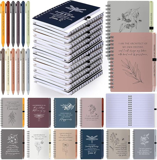 Kosiz 24 Pcs/12 Set Positive Affirmation Gifts Gratitude Spiral Notebooks with Pens Motivational Encouragement Notepads Daily Affirmations Journal for Women (Simple)