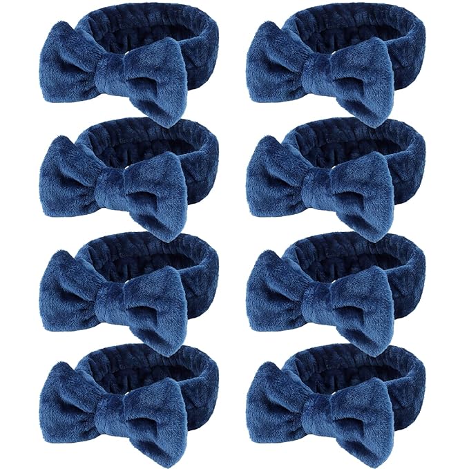Ondder Spa Headband for Washing Face 8 Pack Navy Blue Skincare Headbands for Women Girls Terry Cloth Cute Bow Head Bands