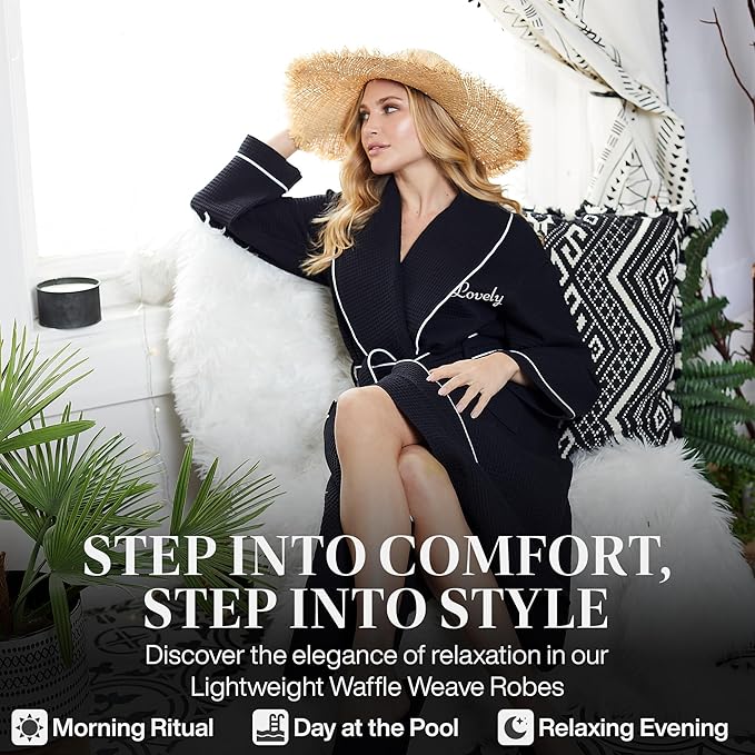 Lotus Linen Waffle Robes for Women - Lightweight Cotton Kimono Bathrobe - Long Soft Spa Bath Robe