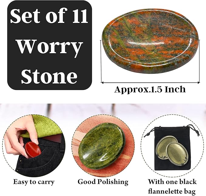 Amazing Gemstone Pack of 11 Worry Stones Bulk Set - Premium Wholesale Bulk Crystals Healing Stones for Anxiety, Stress, Calm Stripe Meditation