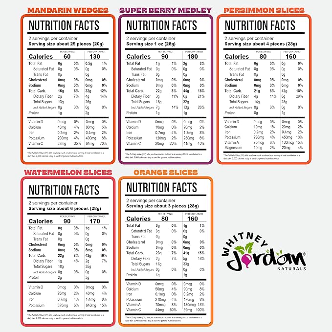 Whitney Jordan Naturals Air-Dried Fruit Variety Pack | Dried Fruit Snack with Watermelon, Persimmon, Orange, Super Berry Medley & Mandarin | No Sugar Added, Gluten-Free, Vegan | 2 Oz, Pack of 10