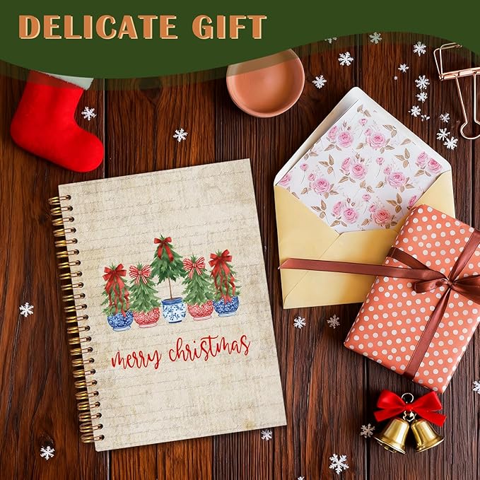 Exqcom Red and Blue Chinoiserie Christmas Tree Spiral Notebook Gifts, Grandmillennial Christmas Retro Journal for Women, Preppy Red Bow Hardcover Notebook Journal Office School Supplies, 5.5x8.3 Inch