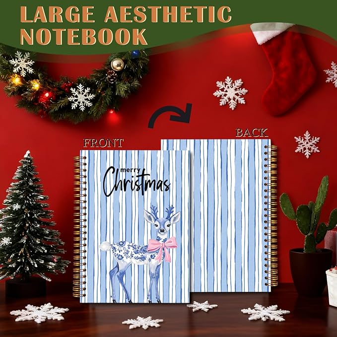 Exqcom Blue Chinoiserie Christmas Deer Spiral Notebook Gifts, Coquette Pink Bow Merry Xmas Journal for Women, Grandmillennial Christmas Hardcover Notebook Journal Office School Supplies, 5.5x8.3 Inch