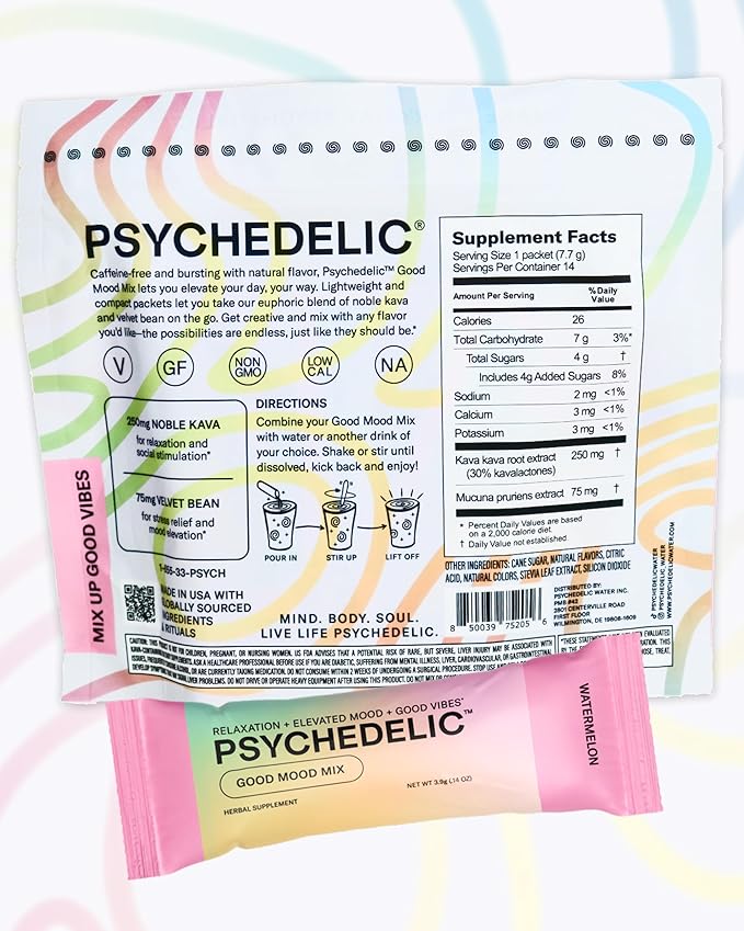 Good Mood Mix - Watermelon - Powder Packets - Calming Kava Drink Mix - Easy Open Single-Serving - Flavored Kava Powder - Mucuna Pruriens - Stevia - Non Alcoholic Adaptogen Mocktails - 14 Stick