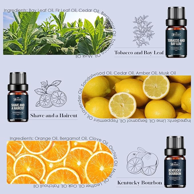 Men Essential Oils Set - TOP 6 Gentlemen's Fragrance Oil for Diffuser, Candle & Soap Making - Tobacco and Bay Leaf, Kentucky Bourbon, Galactic Skies, Scotch Whisky, Birchwood Oud