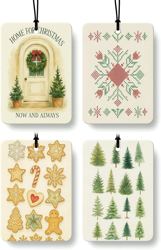 Vintage Christmas Berry Car Air Freshener 4 Pcs, Retro Christmas Snowflake Gingerbread Xmas Tree Hanging Air Freshener for Cars Closet Drawer Books, Xmas Car Accessories Mirror Decor for Women