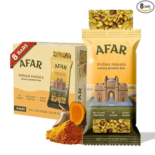 Afar Savory Protein Bars – Low Sugar, High Protein – Healthy Snacks for Adults – Meal Replacement Bar – Rice Crispy Texture – Vegan, Gluten Free (8 Bars, Indian Masala)