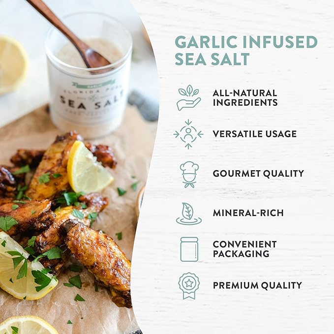 FLORIDA PURE Garlic Sea Salt - 80+ Mineral Sea Salt, Natural, Unrefined, Non Iodized - for Baking, Cooking, Seasoning & Enhancing Taste - Rich Taste Flaky Sea Salt (4.5 oz Jar)