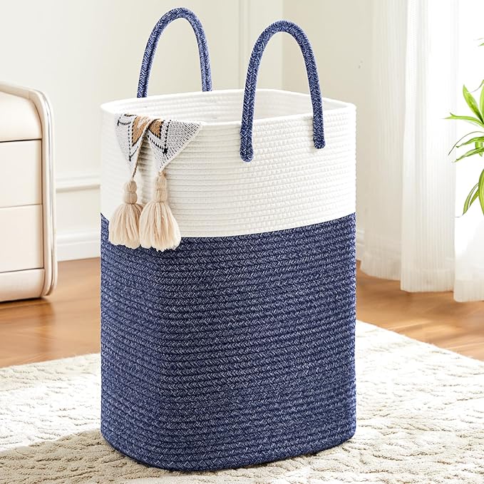 Laundry Basket,Woven Cotton Rope Laundry Hamper,Versatile Storage for Dirty Clothes,Baby Toys,and Blankets in Bathroom, Nursery,and Living Room (Blue, 40L)