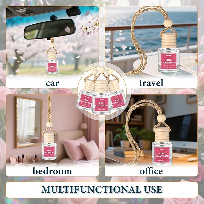 Hanging Car Air Freshener (Pack of 3) : Luxury Car Perfume for Women Men | Cute & Reusable Bottle with 45+ Days Long-Lasting Fragrance Oil Diffuser, Pink Champagne